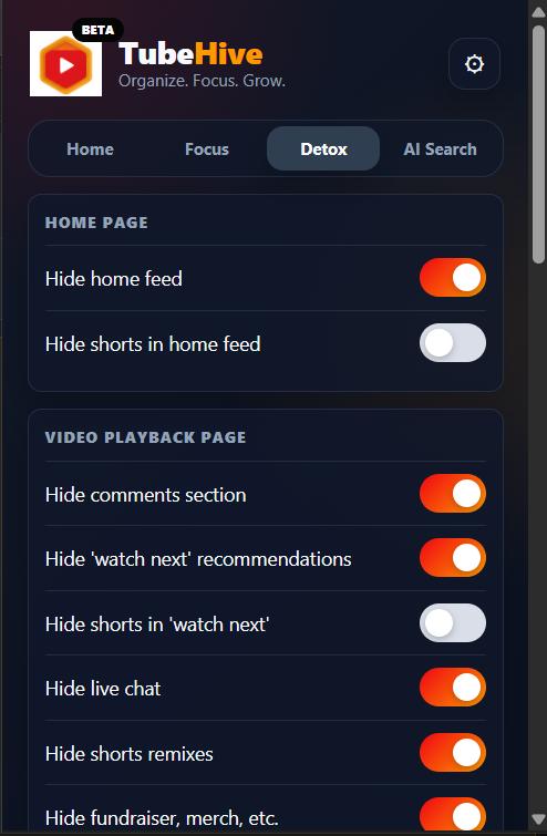 TubeHive Detox settings